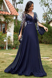 Navy Sequin V Neck Pleated Long Mother of the Bride Dress