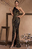 Black Golden Sequins Mermaid One Shoulder Beaded Long 1920s Dress with Slit