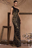 Black Golden Sequins Mermaid One Shoulder Beaded Long 1920s Dress with Slit