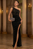One Shoulder Sequin Black Long Evening Dress with Slit