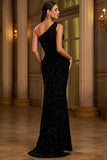 One Shoulder Sequin Black Long Evening Dress with Slit