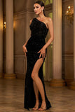 One Shoulder Sequin Black Long Evening Dress with Slit