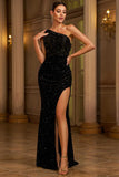 One Shoulder Sequin Black Long Evening Dress with Slit