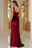 Black One Shoulder Sheath Sequin Evening Dress with Slit