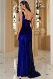 Black One Shoulder Sheath Sequin Evening Dress with Slit