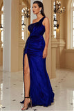 Black One Shoulder Sheath Sequin Evening Dress with Slit