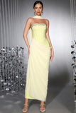 Yellow Strapless Sheath Beaded Corset Prom Dress with Streamer
