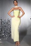 Yellow Strapless Sheath Beaded Corset Prom Dress with Streamer