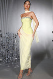 Yellow Strapless Sheath Beaded Corset Prom Dress with Streamer