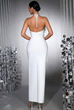 White Halter Sheath Side Slit Long Formal Dress with 3D Flowers