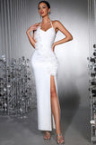 White Halter Sheath Side Slit Long Formal Dress with 3D Flowers