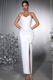 White Halter Sheath Side Slit Long Formal Dress with 3D Flowers