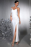 White Halter Sheath Side Slit Long Formal Dress with 3D Flowers
