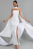 Sparkly White Strapless Sheath Convertible Long Prom Dress with Slit