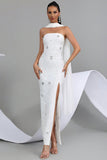 Sparkly White Strapless Sheath Convertible Long Prom Dress with Slit