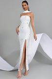 Sparkly White Strapless Sheath Convertible Long Prom Dress with Slit