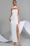 Sparkly White Strapless Sheath Convertible Long Prom Dress with Slit