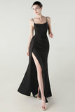 Black Mermaid Spaghetti Straps Satin Long Prom Dress with Slit