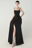Black Mermaid Spaghetti Straps Satin Long Prom Dress with Slit
