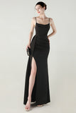 Black Mermaid Spaghetti Straps Satin Long Prom Dress with Slit