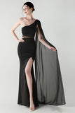 Black Mermaid One Shoulder Streamer Long Formal Dress with slit