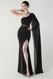 Black Mermaid One Shoulder Streamer Long Formal Dress with slit