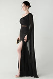 Black Mermaid One Shoulder Streamer Long Formal Dress with slit