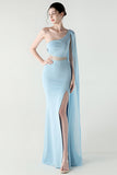 Black Mermaid One Shoulder Streamer Long Formal Dress with slit