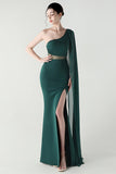 Black Mermaid One Shoulder Streamer Long Formal Dress with slit