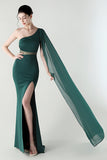 Black Mermaid One Shoulder Streamer Long Formal Dress with slit