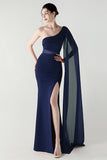 Black Mermaid One Shoulder Streamer Long Formal Dress with slit