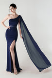 Black Mermaid One Shoulder Streamer Long Formal Dress with slit