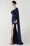 Black Mermaid One Shoulder Streamer Long Formal Dress with slit