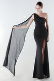 One Shoulder Black Mermaid Side Slit Formal Dress with Streamer