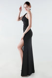 One Shoulder Black Mermaid Side Slit Formal Dress with Streamer