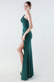One Shoulder Black Mermaid Side Slit Formal Dress with Streamer