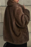 Brown Notched Lapel Faux Fur Women Coat