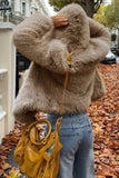 Khaki Hooded Faux Fur Short Women Coat