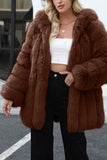 Coffee Puffy Long Sleeve Hooded Faux Fur Women Coat