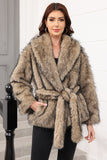 Coffee Faux Fur Shawl Lapel Women Coat with Belt