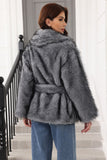 Coffee Faux Fur Shawl Lapel Women Coat with Belt