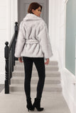 Coffee Faux Fur Shawl Lapel Women Coat with Belt