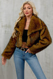 Brown Faux Fur Shawl Lapel Women Short Winter Coat
