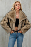Brown Faux Fur Shawl Lapel Women Short Winter Coat