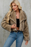 Brown Faux Fur Shawl Lapel Women Short Winter Coat