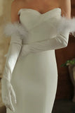 White Satin Long Wedding Gloves with Feathers
