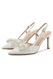 Ivory Pointed Rhinestone Patent High Heels with Bow