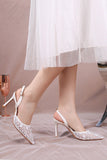 Elegant White Pointed Slingback Stiletto Heels Wedding Shoes with Floral Appliques