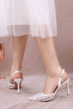 Elegant White Pointed Slingback Stiletto Heels Wedding Shoes with Floral Appliques