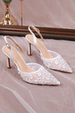 Elegant White Pointed Slingback Stiletto Heels Wedding Shoes with Floral Appliques